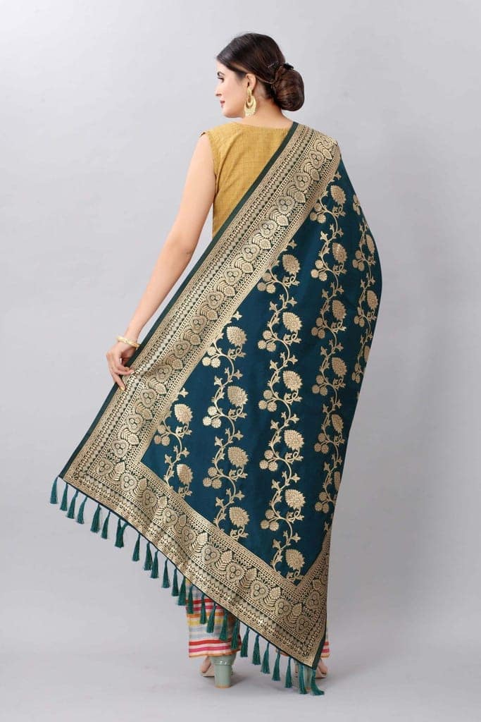Women Dark Blue &amp; Gold Coloured Jacquard Banarasi Dupatta view 2