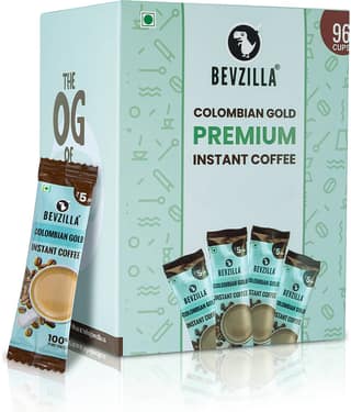 Bevzilla 96 Instant Coffee Powder Sachets (Colombian Gold) - 192 Grams| Hot & Cold Coffee| Makes 96 Cups| 100 % Arabica