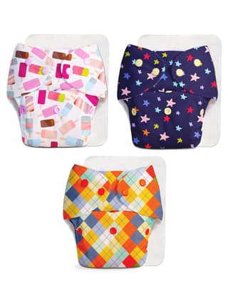 Superbottoms Basic Leakage-proof advanced cloth diapers for babies, High Absorbent 100% cotton 3 reusable diaper and 3 insert pad Combo Pack washable cloth diaper 3M -3Years Adjustable, Reduces Rash Superbottoms Basic Leakage-proof advanced cloth diapers