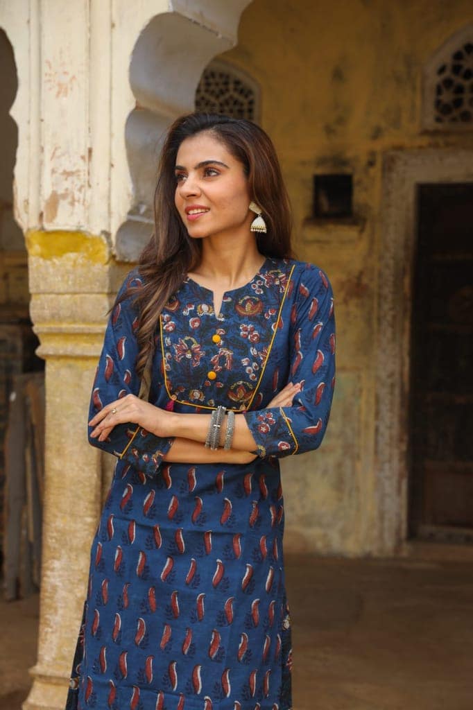 Cotton Skirt and Kurti Set (Size: 38-46) Blue Color Handblock Bagru Print-8972 view 2
