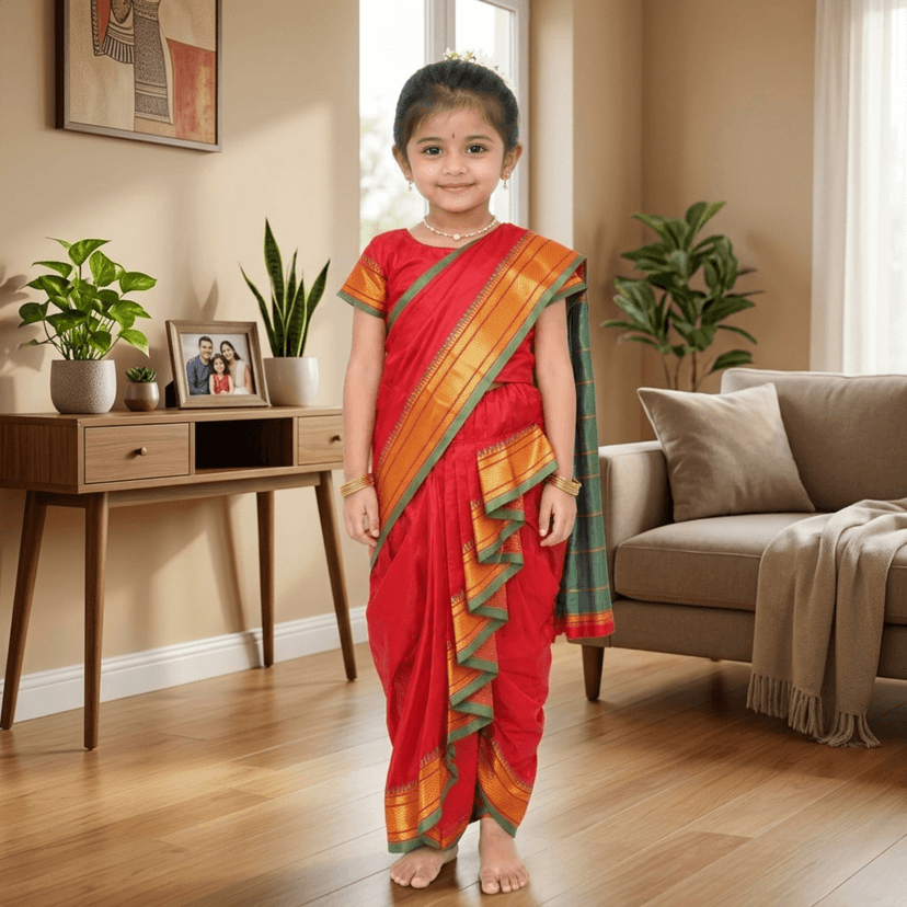 Mom and Me Nauvari Saree for Girls/Baby Girl, Ready to Wear, Marathi Maharashtrian Traditional Saree, Festival Outfit for Puja, Ganpati Festival, School Programs stitch Blouse (Red, 15-16 Years) view 3