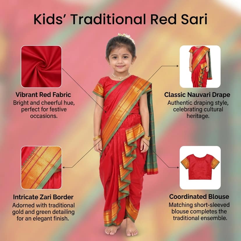 Mom and Me Nauvari Saree for Girls/Baby Girl, Ready to Wear, Marathi Maharashtrian Traditional Saree, Festival Outfit for Puja, Ganpati Festival, School Programs stitch Blouse (Red, 15-16 Years) view 4