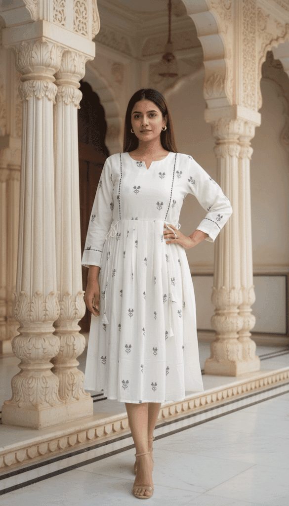 Cotton Printed Long Dress for Women | Anarkali Style | 3/4th Sleeve | Casual & Festive Wear