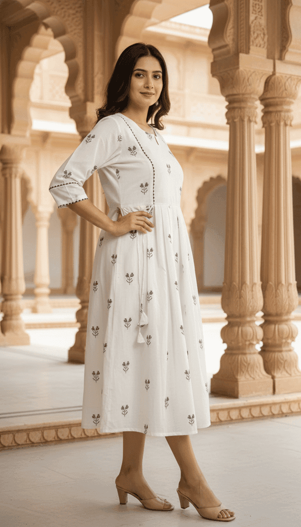 Cotton Printed Long Dress for Women | Anarkali Style | 3/4th Sleeve | Casual & Festive Wear view 2