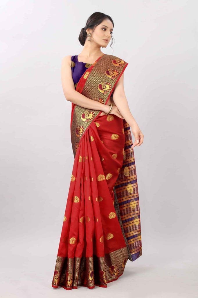 Red &amp; Gold Zari Woven Banarasi Silk Saree view 2