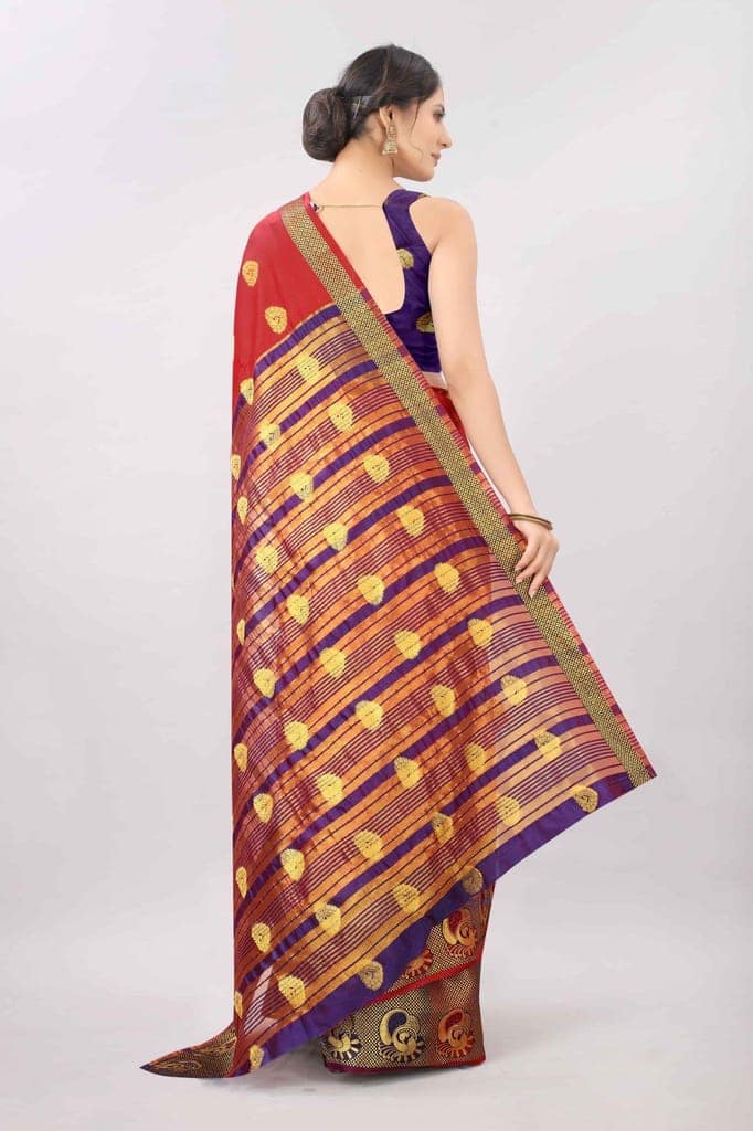 Red &amp; Gold Zari Woven Banarasi Silk Saree view 3