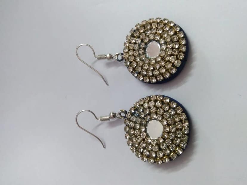 "Stunning Rhinestone and Mirror Work Drop Earrings in Blue" view 2