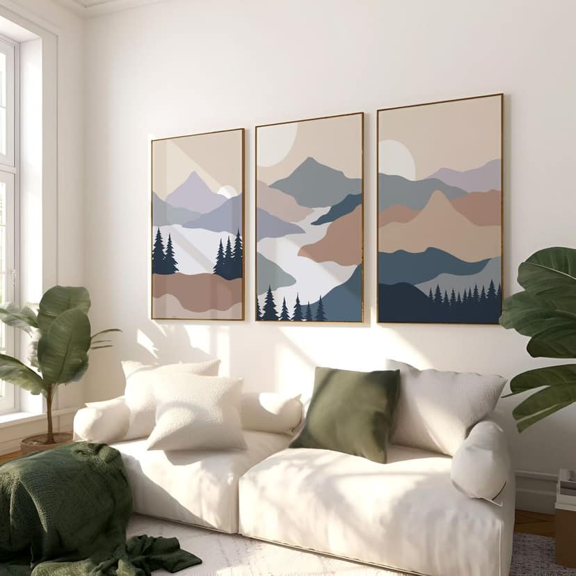 Rustic Charm Set of 3 Abstract Landscape Wall Art for Living room, Office and Hotel | Mountains River|13 x 18 inches (A3)|Wenge