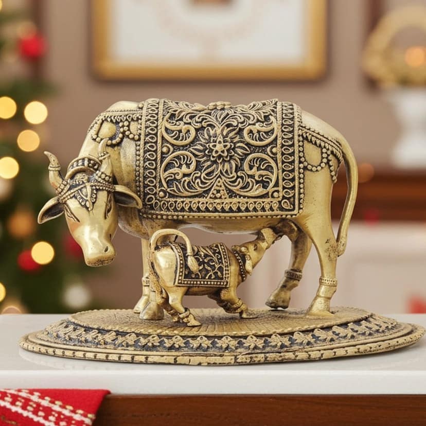Brass Cow and Calf Showpiece - Machine Made Gaye Bachadha Statue for Home & Office, Height : 3.5 Inch (BSMAS1727 F)
