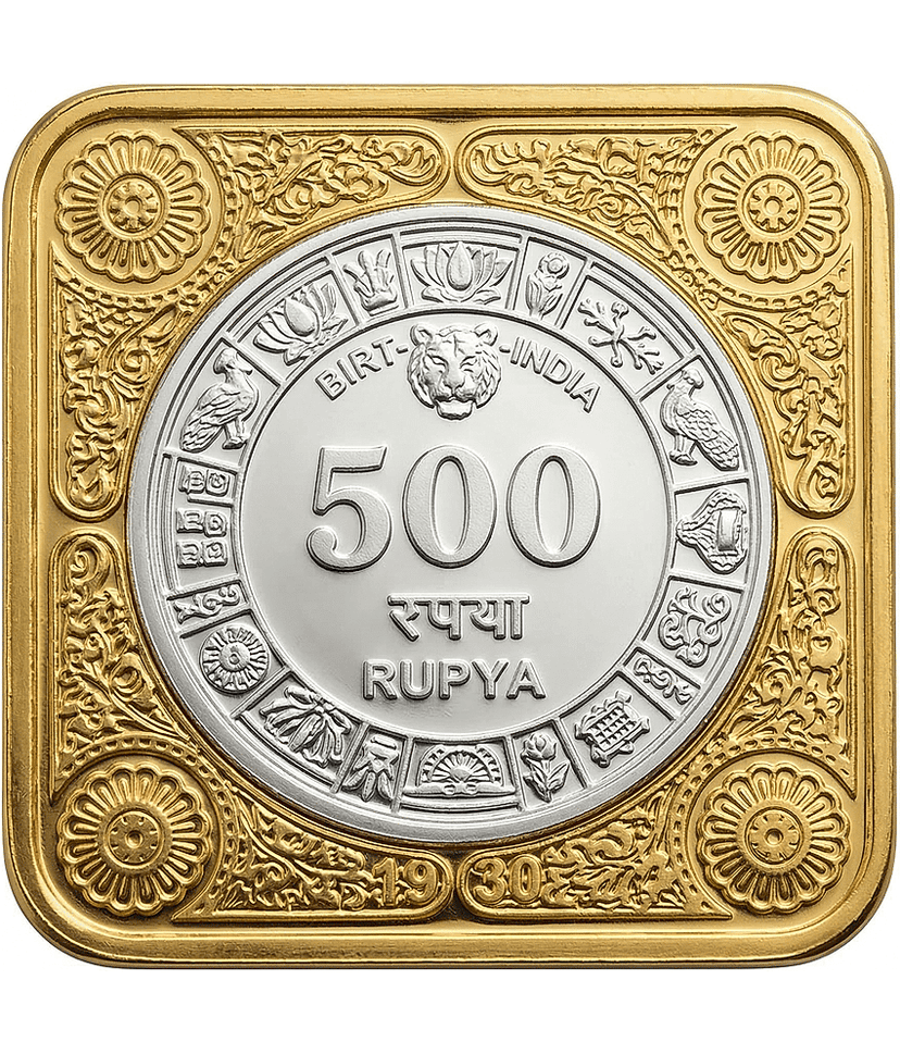 Bi-Metallic 500 Rupya – BIRT India Tiger Design Square Luxury Collectible & Plated Coin Bar (55g) view 2