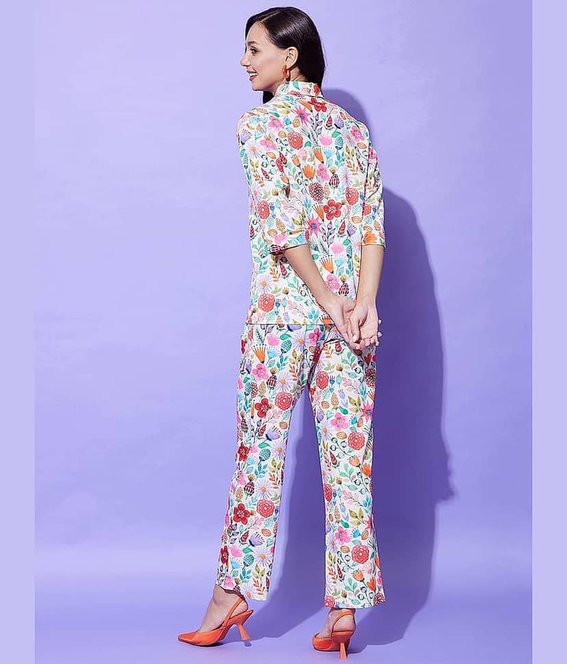 StyleStone Women Printed Shirt With Trousers Co-Ord Set ( Peach ) view 2