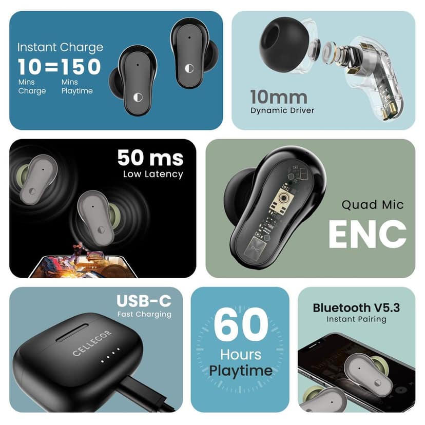 Cellecor BroPods C109 QUAD TWS, 60H Playtime,Quad Mic ENC,5.3v BT,50ms Low Latency Gaming Bluetooth-Black Grey view 9