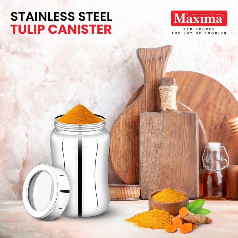 MAXIMA Tulip Stainless Steel Canister - 1300ml | Elegant Circular Design for Tea, Coffee, and Spices | Leak Proof | Airtight Kitchen Storage Container view 2