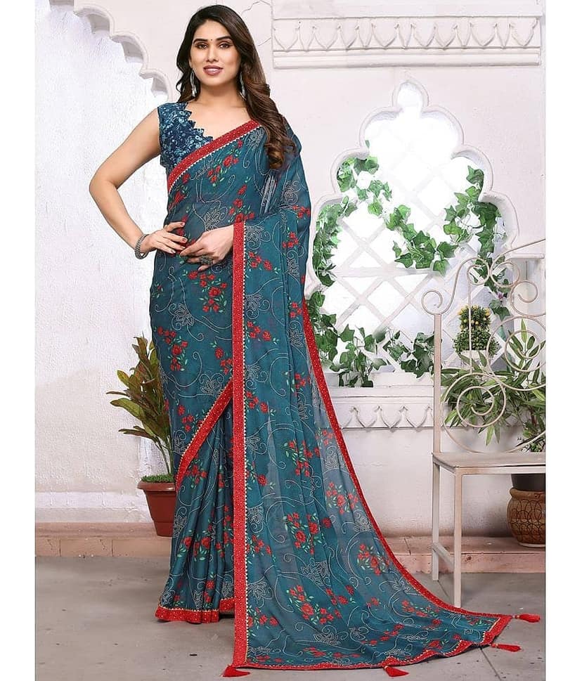 BLEESBURY Chiffon Printed Saree With Unstitched Blouse Piece ( Teal )