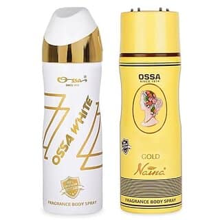 Ossa White And Gold Naina Body Spray For Men And Women Ambery And Floral Long Lasting Aroma 200ml Each (Pack of 2)