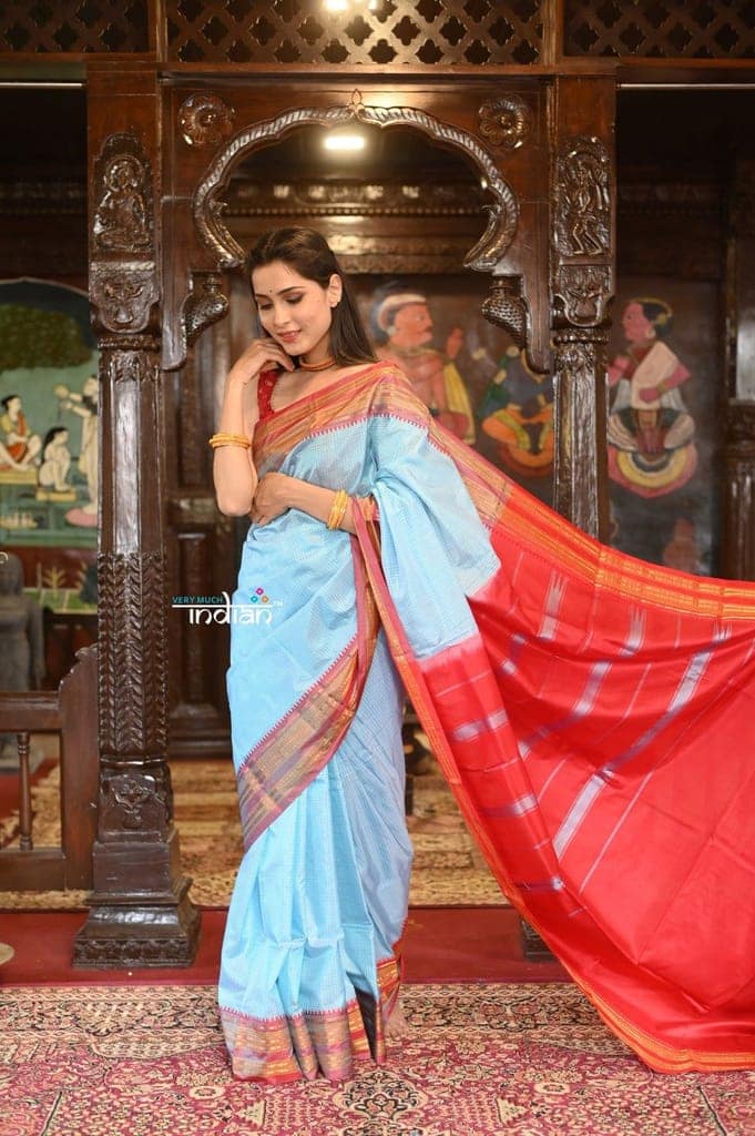 VMI HERITAGE Weave! Narayanpet Handloom Pure Silk Saree in Beautiful~ Powder Blue and Red view 3