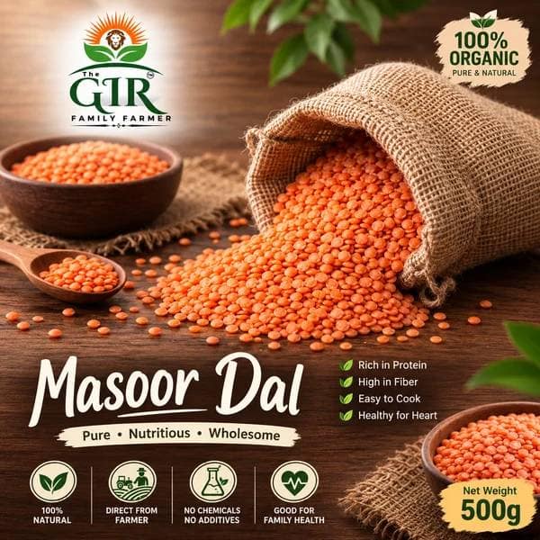 The Gir Family Farmer Organic Masoor Dal (500g) | 100% Organic & Unpolished | Everyday Cooking