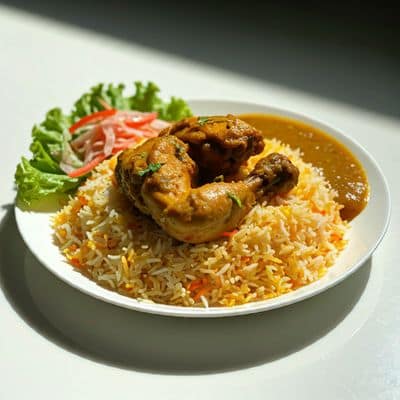 Chicken Biriyani, gravy, sweet, salad, Chapathi, 1tetra juice packet 150 ml