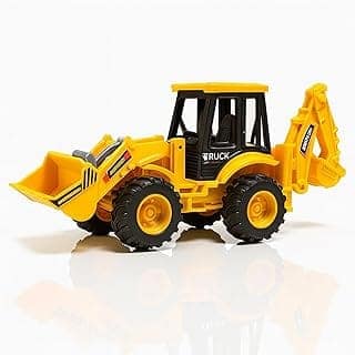 WISHKEY 2-in-1 Friction Powered Bulldozer Truck JCB Excavator Toy Go Construction Vehicle with 180° Rotatable Shovel Big Rubber Wheels Heavy Duty Unbreakable Engineering Car for Kids