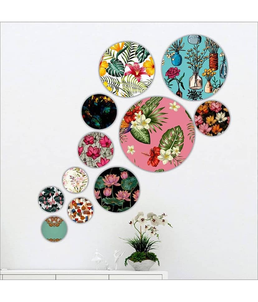 Saf MDF Wooden Round Shape Floral Painting Plates Without Frame (Set of 11) view 2