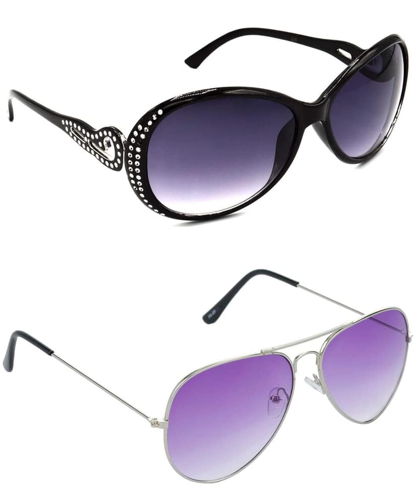 Hrinkar Unisex Round Sunglasses Silver Frame, Grey & Violet Lens (Medium) - Pack of 2