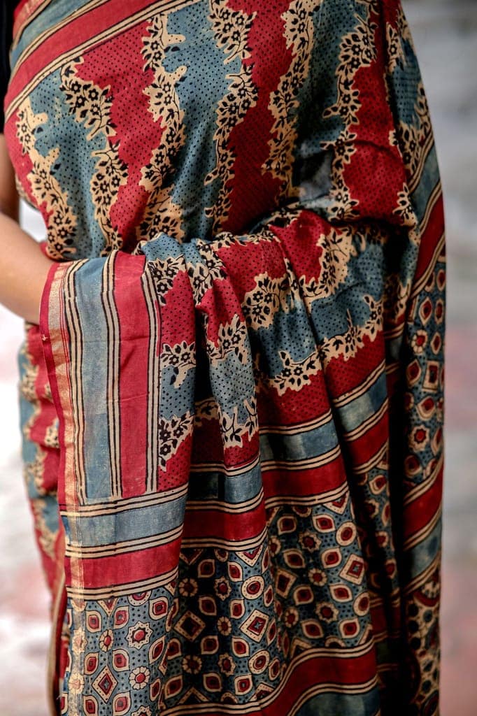 Jharokha -Blue and Red geometric silk cotton Ajrakh handblockprinted saree view 10