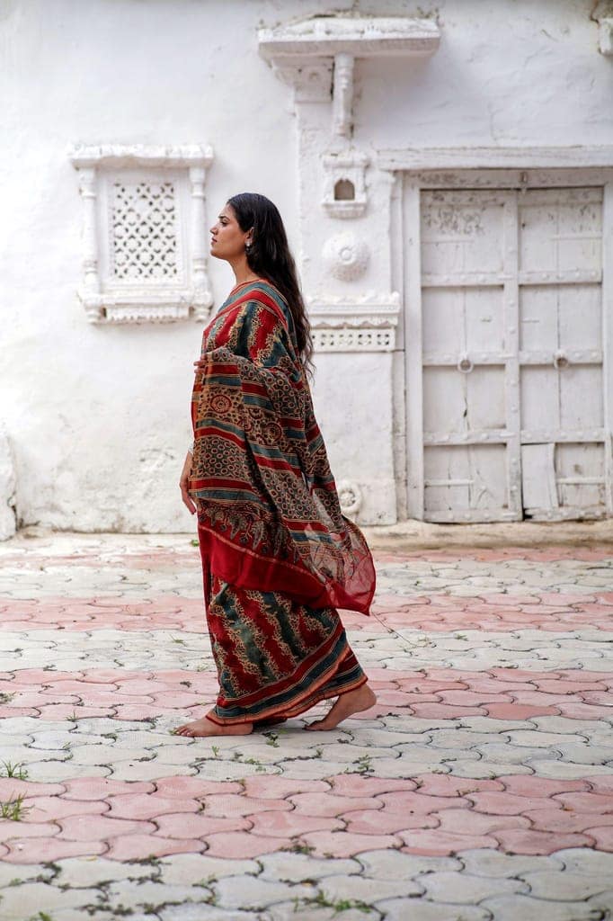 Jharokha -Blue and Red geometric silk cotton Ajrakh handblockprinted saree view 3
