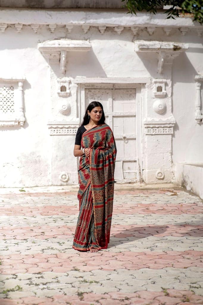 Jharokha -Blue and Red geometric silk cotton Ajrakh handblockprinted saree view 5
