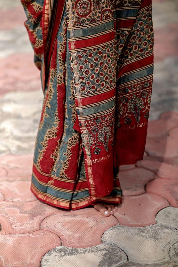 Jharokha -Blue and Red geometric silk cotton Ajrakh handblockprinted saree view 7