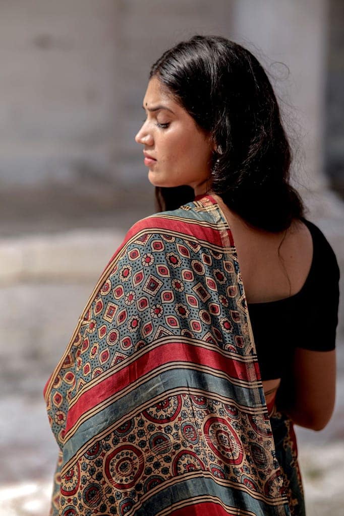 Jharokha -Blue and Red geometric silk cotton Ajrakh handblockprinted saree view 8