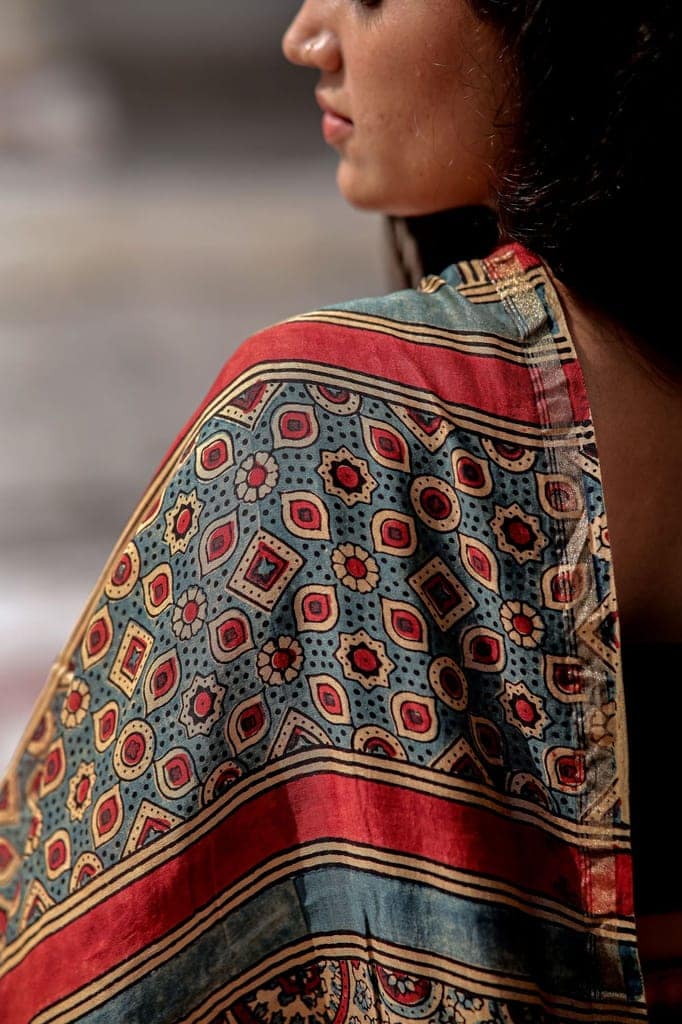 Jharokha -Blue and Red geometric silk cotton Ajrakh handblockprinted saree view 9