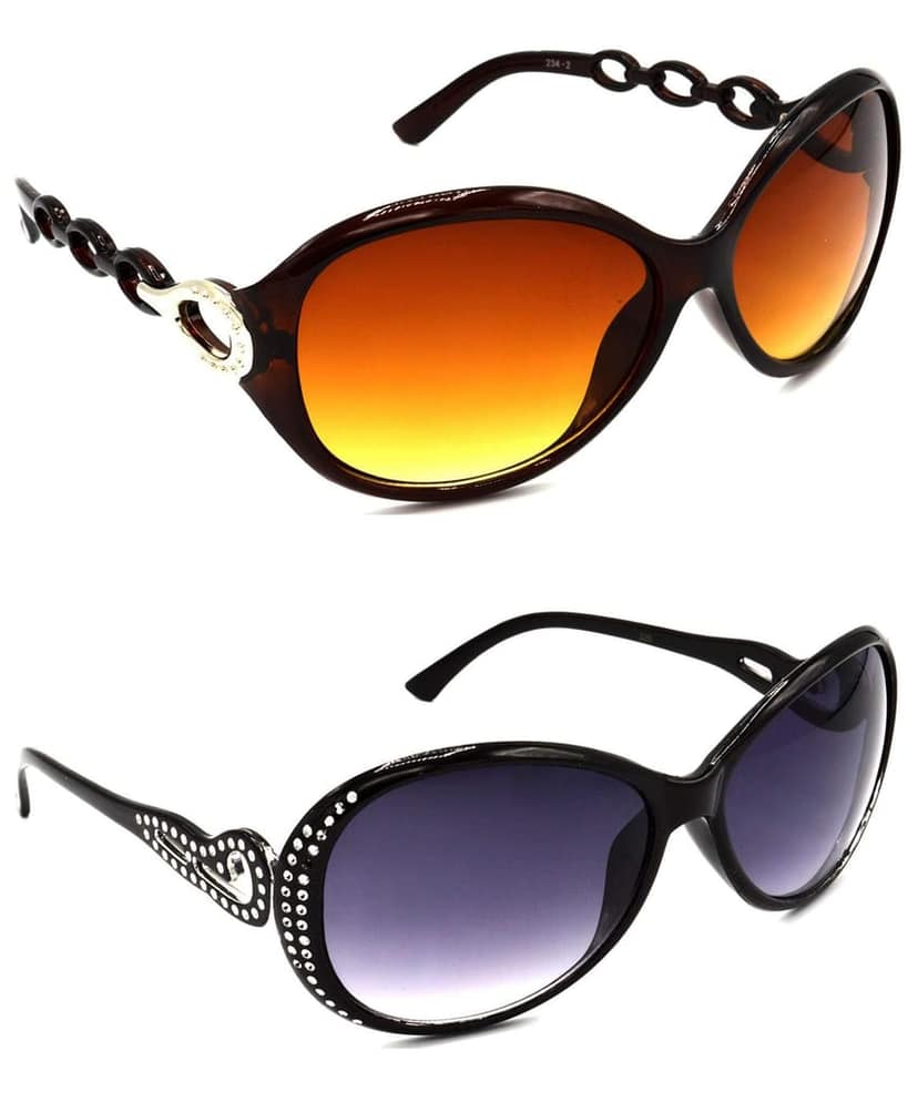 Hrinkar Women Round Sunglasses Brown & Silver Frame, Brown & Grey Lens (Medium) - Pack of 2