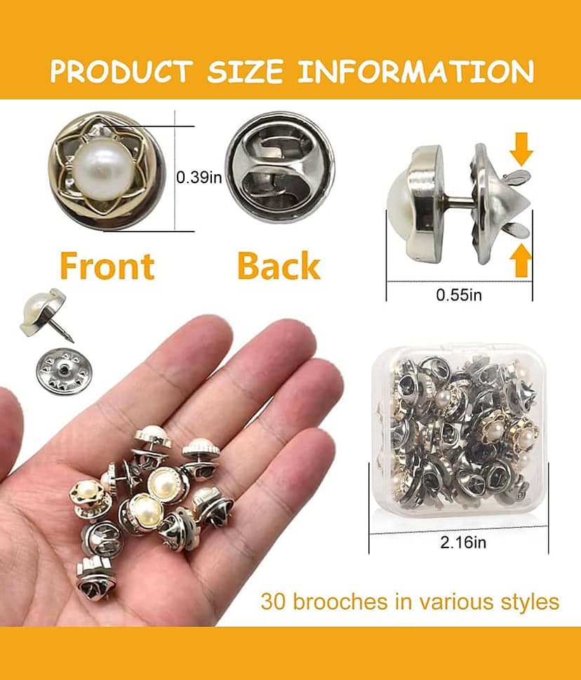 30 Pcs Pearl Brooch Buttons Set for Women | Black & White No-Sew Shirt Brooch Pins | Decorative Pearl Button Brooch for Shirts, Blouses, Sweaters, Cardigans & Hijab | Anti-Exposure Removable Fashion Clothing Accessories view 2