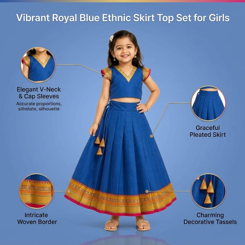 Mom and Me Girls’ Lehenga Choli/Parker Polka/Pattu Pavadai (0 Months–6 Years) | Acrylic Cotton with Soft Cotton Lining | V-Neck, Short Puff Sleeves, Zipper Closure (Blue, 5-6 Y) view 4