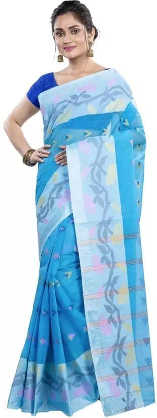 GitAsit Self Design Tant Pure Cotton Saree (Blue)