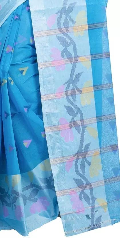 GitAsit Self Design Tant Pure Cotton Saree (Blue) view 2
