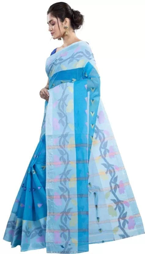 GitAsit Self Design Tant Pure Cotton Saree (Blue) view 3