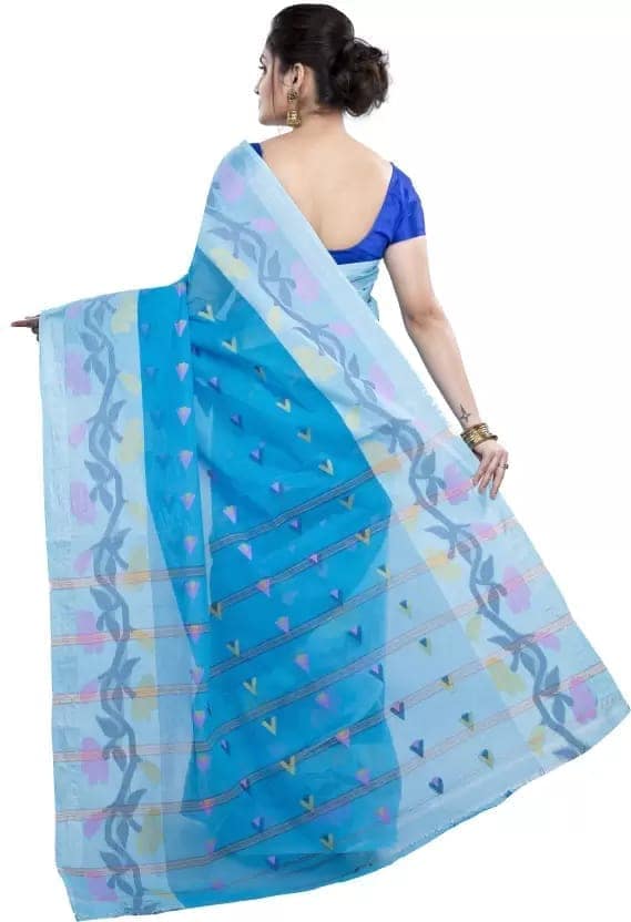 GitAsit Self Design Tant Pure Cotton Saree (Blue) view 4