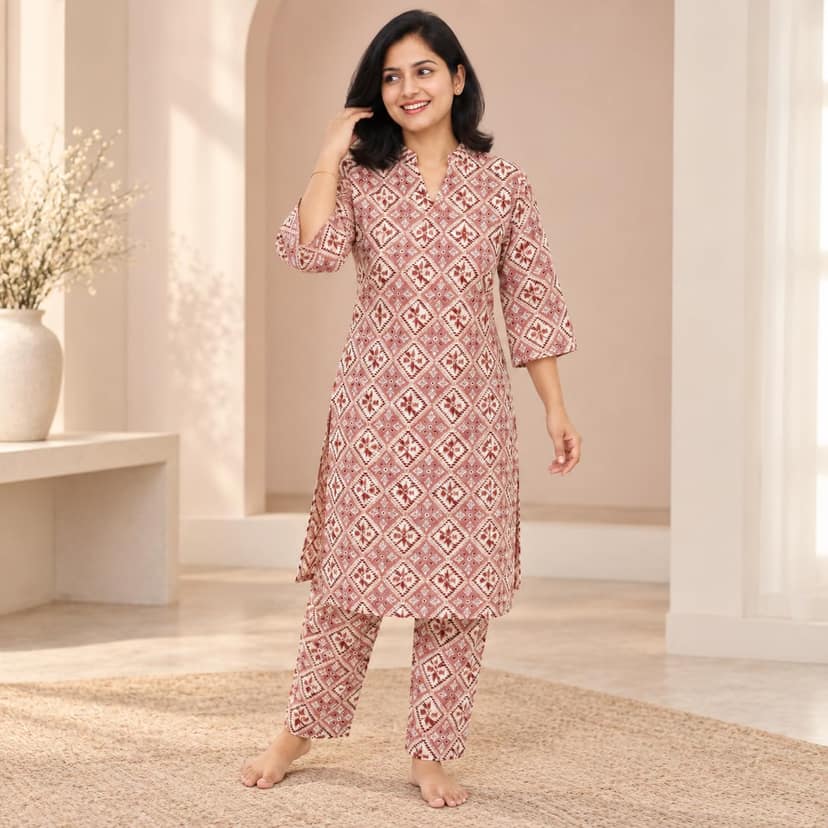 Mom and Me Women's Cotton Ethnic Co-Ord Set | Printed Kurta with 3/4 Sleeves & V-Neck Collar | Casual Summer Wear Co-Ord Set for Women (IN, Alpha, XL, Regular, Pink) view 2