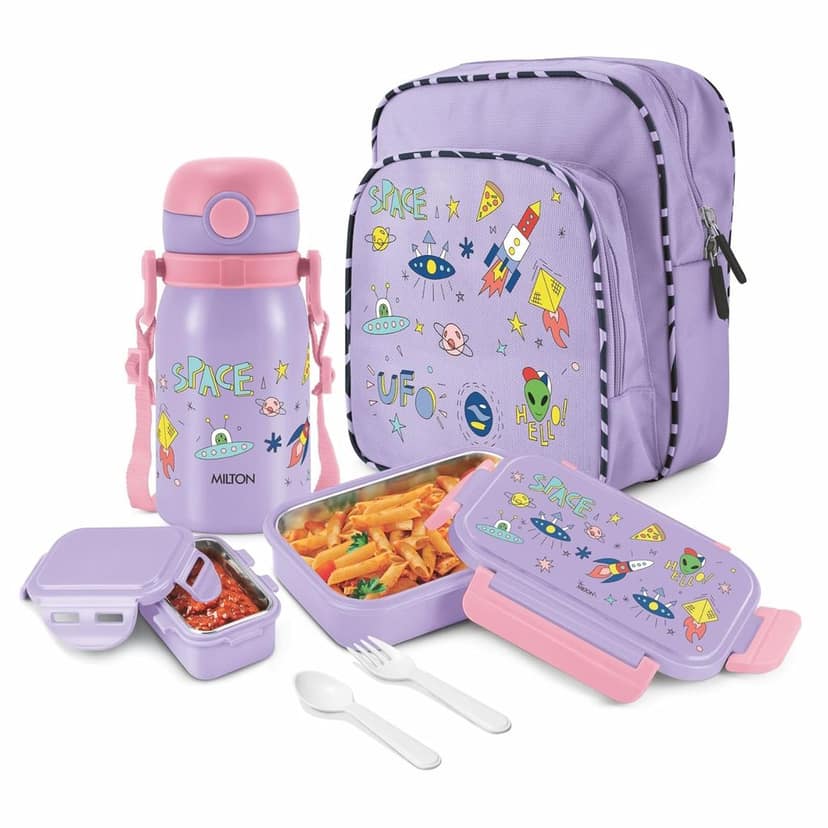Milton Snackie Mate Tiffin Set With School Beg Along with Stainless Steel Lunch Box & Thermosteel Bottle