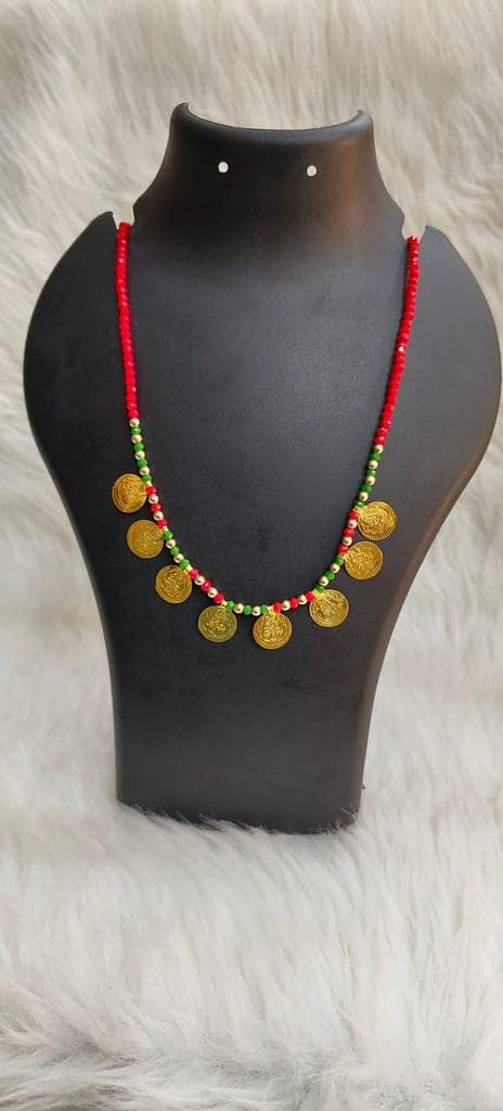 Red and Green Beaded Necklace with Gold Coin Pendants