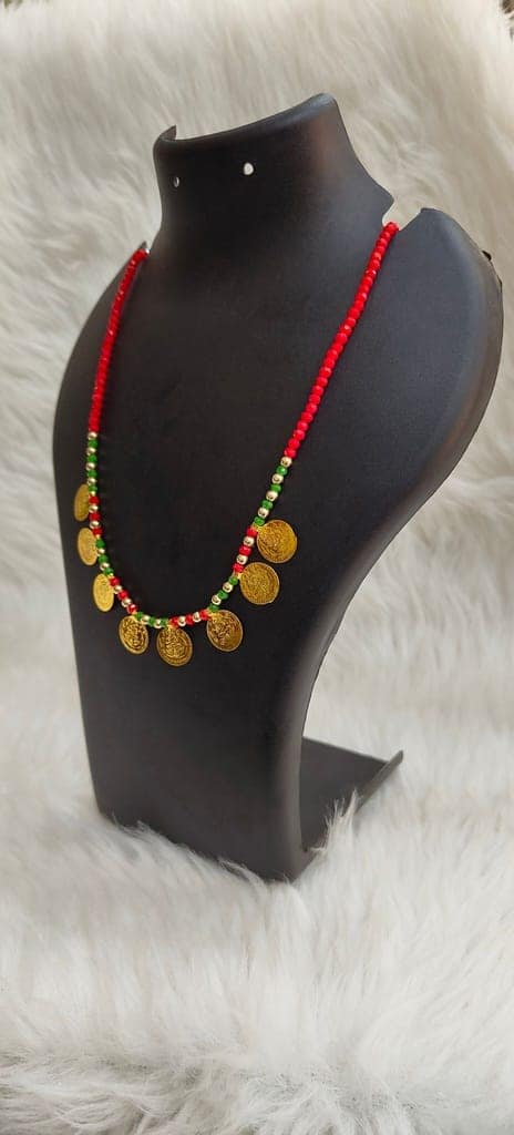 Red and Green Beaded Necklace with Gold Coin Pendants view 2