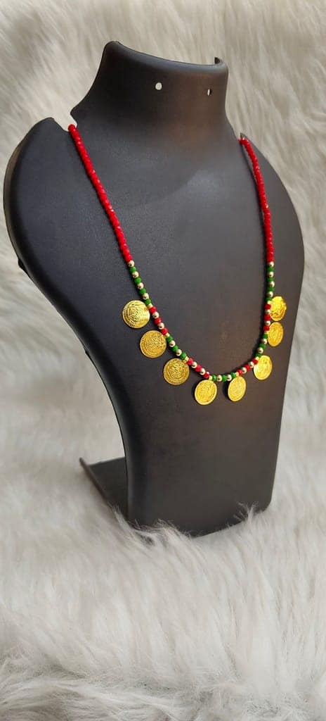 Red and Green Beaded Necklace with Gold Coin Pendants view 3