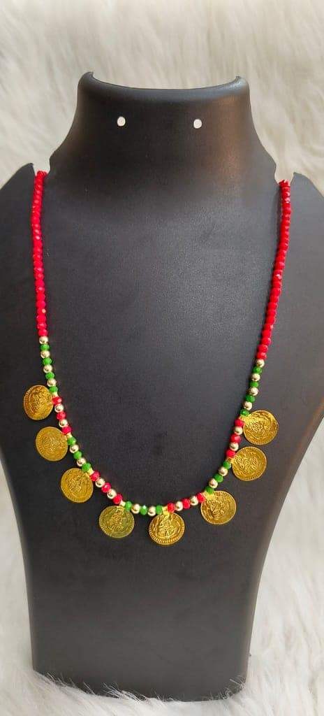Red and Green Beaded Necklace with Gold Coin Pendants view 4