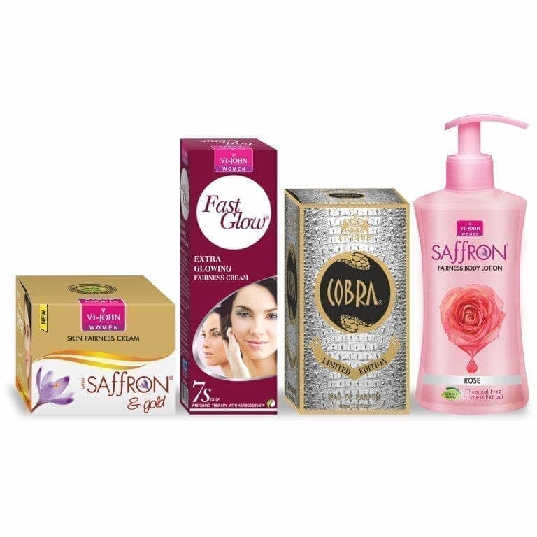Vi-John Women Care Kit - Saffron Gold Fairness Cream, Fast Glow Fairness Cream, Cobra Limited Edition Perfume (60ML) & Body Lotion Rose (250 ML) - Set Of 4