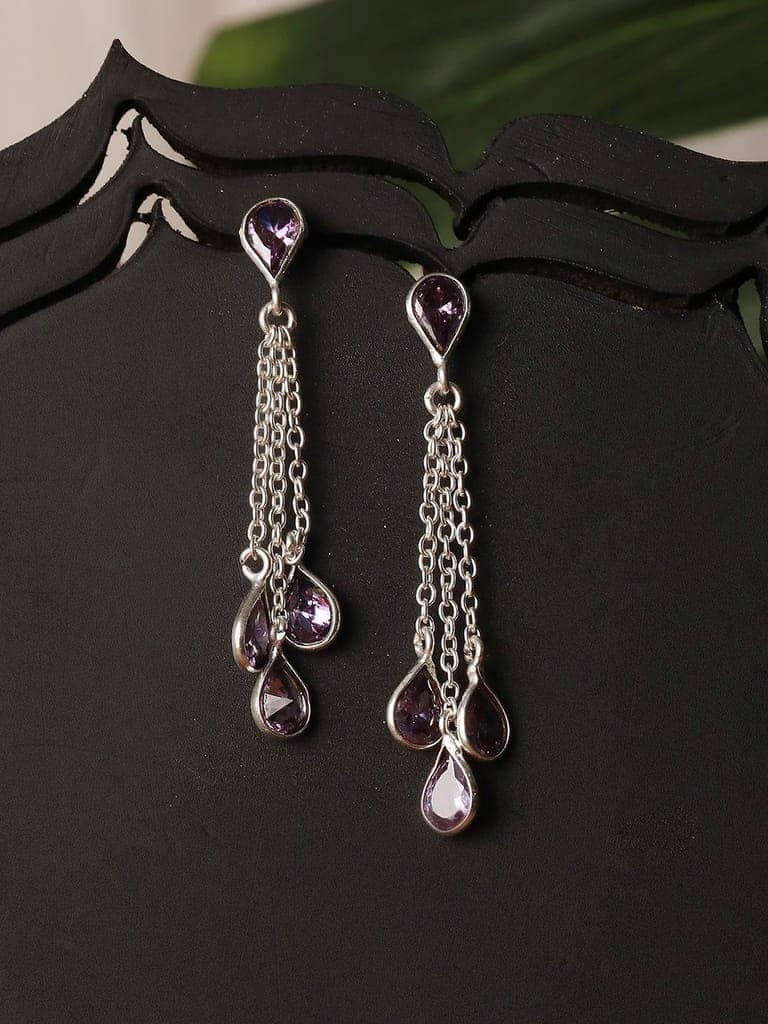 Silver Plated Amethyst Purple AD Minimal Dangler Earrings view 2