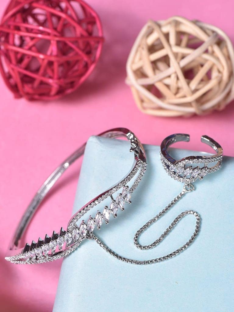 Women White & SilverToned Brass AD Handcrafted RhodiumPlated BangleStyle Bracelet view 3
