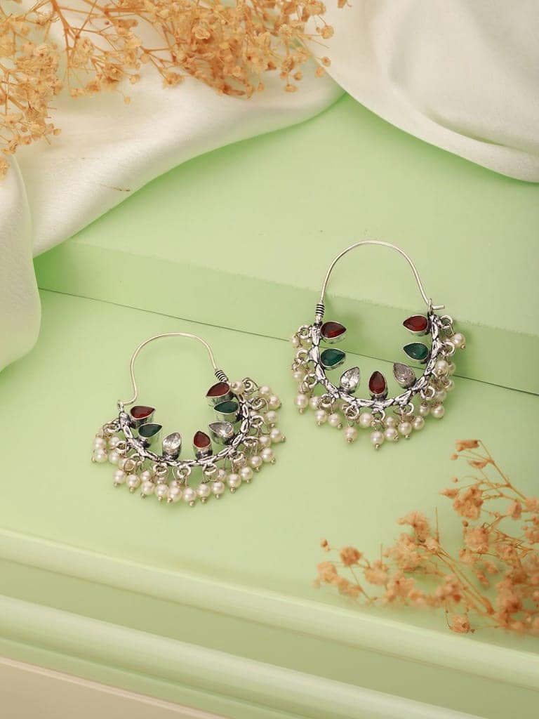 Silver Oxidised Red & Green Stone & Pearl Beaded Handcrafted Chandbali Dangler Earrings.
