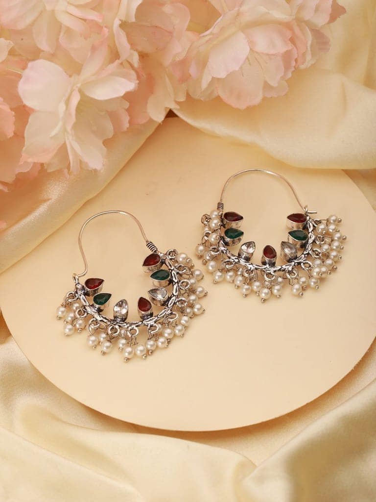 Silver Oxidised Red & Green Stone & Pearl Beaded Handcrafted Chandbali Dangler Earrings. view 2