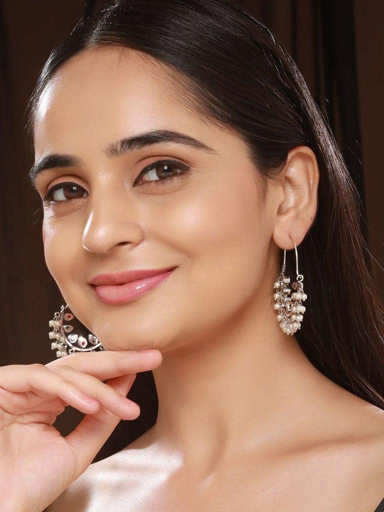 Silver Oxidised Red & Green Stone & Pearl Beaded Handcrafted Chandbali Dangler Earrings. view 3